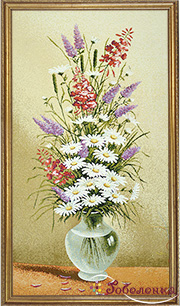 Гобелен картина Букет (Ромашки и Лаванда) - 39x73 см (багет 2 золото)