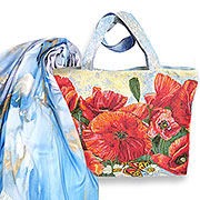 Набор подарочный: Сумка с подкладкой и молнией (широкая) Маки 31х42 см + Палантин Волшебный цветок (лазурный) 70х180 см (бамбук 100 %)