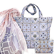 Набор подарочный: Сумка с подкладкой и молнией (широкая) Чародейка 31х42 см + Палантин Лабиринт удачи 80х180 см № сиреневые сумерки (100% хлопок) + Косметичка Чародейка 14х20 см