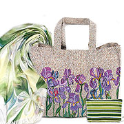 Набор подарочный: Сумка шоппер (без молнии и подкладки) Ирисы 38х30х10 см + Палантин Весна №10 (салатовый) 180х70 см + Косметичка на молнии гобелен Мелодия любви 14х20 см