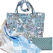 Набор гобелен Джинсовые котики: Сумка с подкладкой и молнией (широкая) 31х42 см, гобелен+косметичка 14х20см + Палантин Лабиринт удачи 80х180 см №10 утреннее какао (100% хлопок)