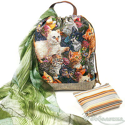 Сумка-рюкзак 37x40x10 см +Косметичка на молнии Летняя мелодия 14х20 см+Палантин Листья (зеленые) 75х180 см (бамбуковое волокно 80%, шелк 20%)