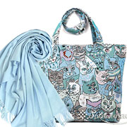 Набор подарочный Джинсовые котики : Сумка с подкладкой и молнией (широкая) 31х42 см, гобелен + Палантин однотонный голубой 65х180 см (100% кашемир)