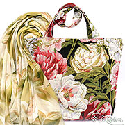 Набор подарочный : Сумка с подкладкой и молнией (широкая) Роскошные Пионы (черный фон) 31х42 см + Палантин Весна №11 (оливковый) 180х70 см ( бамбуковое волокно 80%, шелк 20%)