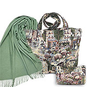 Набор подарочный, гобелен Городская: Сумка с подкладкой и молнией (широкая) 31х42 см +Косметичка 14х20 см+ Палантин однотонный эвкалипт 65х180 см (100% кашемир)