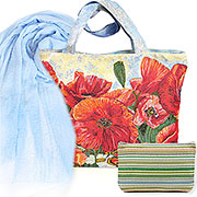 Набор подарочный : Сумка с подкладкой и молнией (широкая) Маки 31х42 см + Палантин Бриз (небесно-голубой) 90х180 см (Хлопок 100%) + Косметичка на молнии гобелен Весенняя мелодия 14х20 см