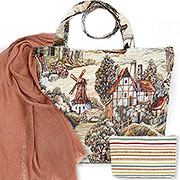 Набор подарочный Мельница: Сумка с подкладкой и молнией (широкая) Мельница 31х42 см, гобелен + Палантин Бриз №51 (карамельный) 92х180 см (Хлопок 100%) + 	Косметичка на молнии Утренняя мелодия 14х20 см