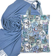 Набор подарочный : Палантин однотонный синий 65х180 см (100% кашемир) + Сумка Мур-мур 35х45 см, гобелен