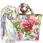 Набор подарочный : Сумка шоппер большая Роскошные пионы (без молнии и подкладки) 48х37х13 см + Палантин Мелодия цветов №9 (лавандовая свежесть) 180х87 см (вискоза 35%, модал 55%, шерсть 10%)