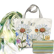 Набор подарочный Ромашки: Сумка гобеленовая с подкладкой и молнией 31х42 см, + Палантин Весна №10 (салатовый) 180х70 см + Косметичка на молнии Весенняя мелодия 14х20 см