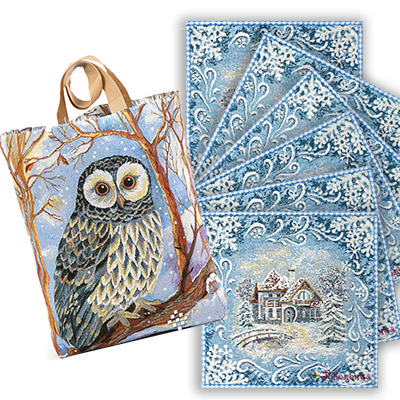 Гобеленовый подарочный набор :  Морозко салфетки (6 шт.) 25х25см +  сумка Сова Букля 35х45 см