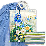 Набор подарочный: Сумка шоппер Гиацинты и одуванчики 42х35 см, хлопок-печать +  Косметичка на молнии гобелен Весенняя мелодия 14х20 см +  Палантин Бриз (синий) 92х180 см