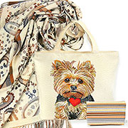 Набор подарочный: Сумка Йоркширские терьеры двусторонняя 31х42 см + Жаккардовый палантин Шарм (светло кремовый) 66х185 см (Шерсть, вискоза)+Косметичка Летняя мелодия