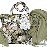 Набор: Сумка с подкладкой и молнией (широкая) Арина 31х42 см, гобелен+	Палантин однотонный Оливковый 65х180 см (100% кашемир)