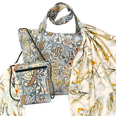 Набор гобелен Ар-Нуво: Сумка с подкладкой и молнией 31х42 см+ Сумочка для телефона 15х20 см + Палантин теплый Зимняя Орхидея №4 (ванильно-кремовый 70х180) см (100% кашемир)