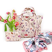 Подарочный набор: Сумка с подкладкой Полевые цветы 31х42 см, гобелен+Косметичка Полевые цветы 13х19см + Платок Счастливые котики (персиково-розовый) 87х88 см.