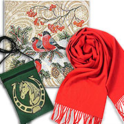 Набор подарочный Новогодний : Салфетка Снегири -2 38х39 +/-1 см + Шарф Тедди №3 (красный), 30х140 см, 100% иск кашемир + Сумочка для телефона на молнии гобелен Подкова на удачу 13х20