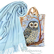 Набор подарочный : Сумка гобелен Сова Букля 38х42х8см +/- 2см + Палантин однотонный голубой 65х180 см (100% кашемир)