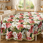 Скатерть овальная Роскошные пионы (темный фон), гобелен 160х190 +/-3см,бахрома