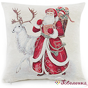 Новогодняя наволочка на подушку Дед Мороз и олень (гобелен + шенил+люрекс) 44х44 см+/-2 см