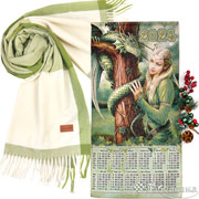 Новогодний набор: Календарь Зелёный дракон 38х76 см +Палантин Теплое настроение (Яблочно-зелёный) 68х190 см