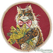 Салфетка декоративная Кот с мимозой D-40 -+1,5 см (красный фон), гобелен